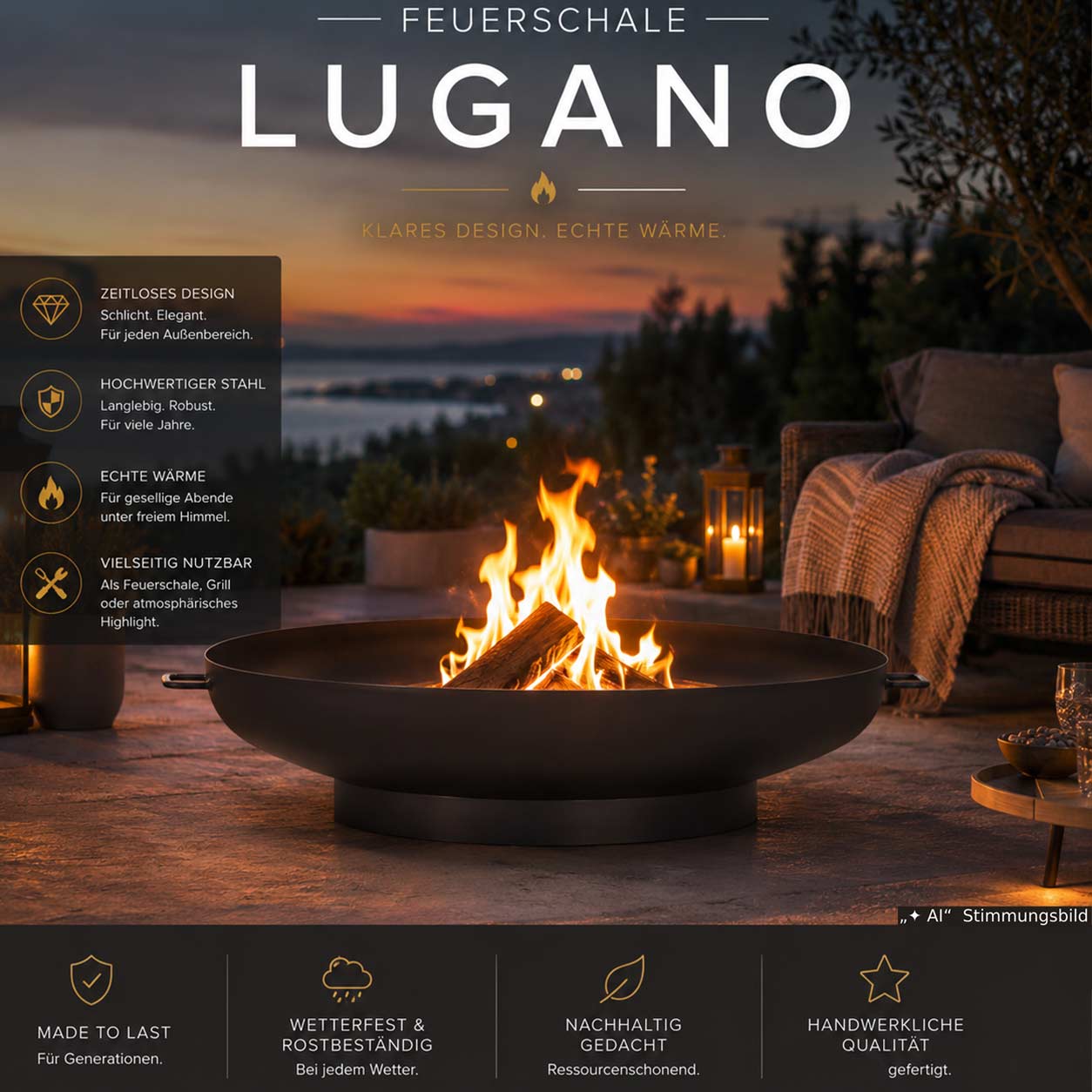 Schlichte Feuerschale " Lugano Exclusiv " 80cm -Stahl roh 