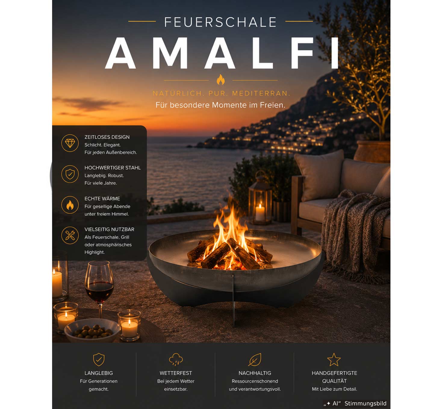 Feuerschale AMALFI aus Stahl – hochwertige Garten-Feuerstelle