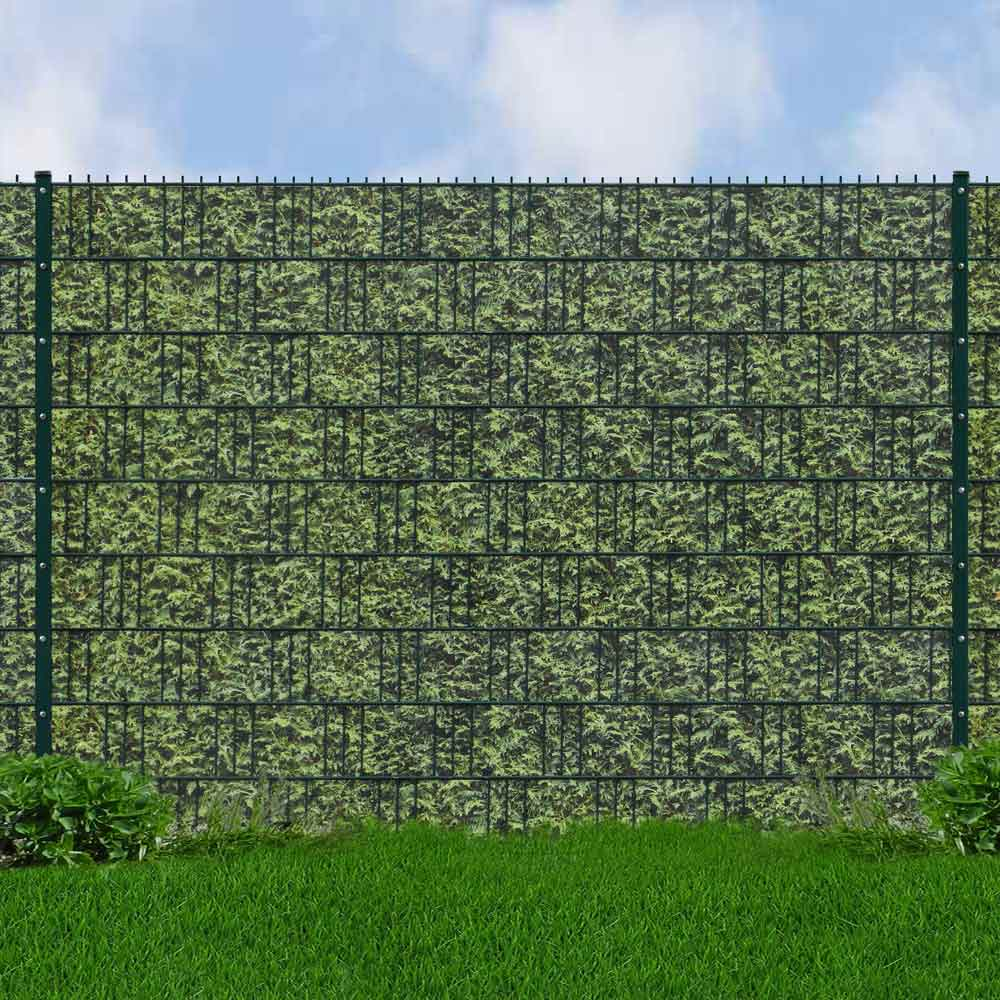 Doppelstabzaun Grün Set mit Hart-PVC Thuja - 10m (4 Gittermatten | 5 Pfosten | 36 Streifen)