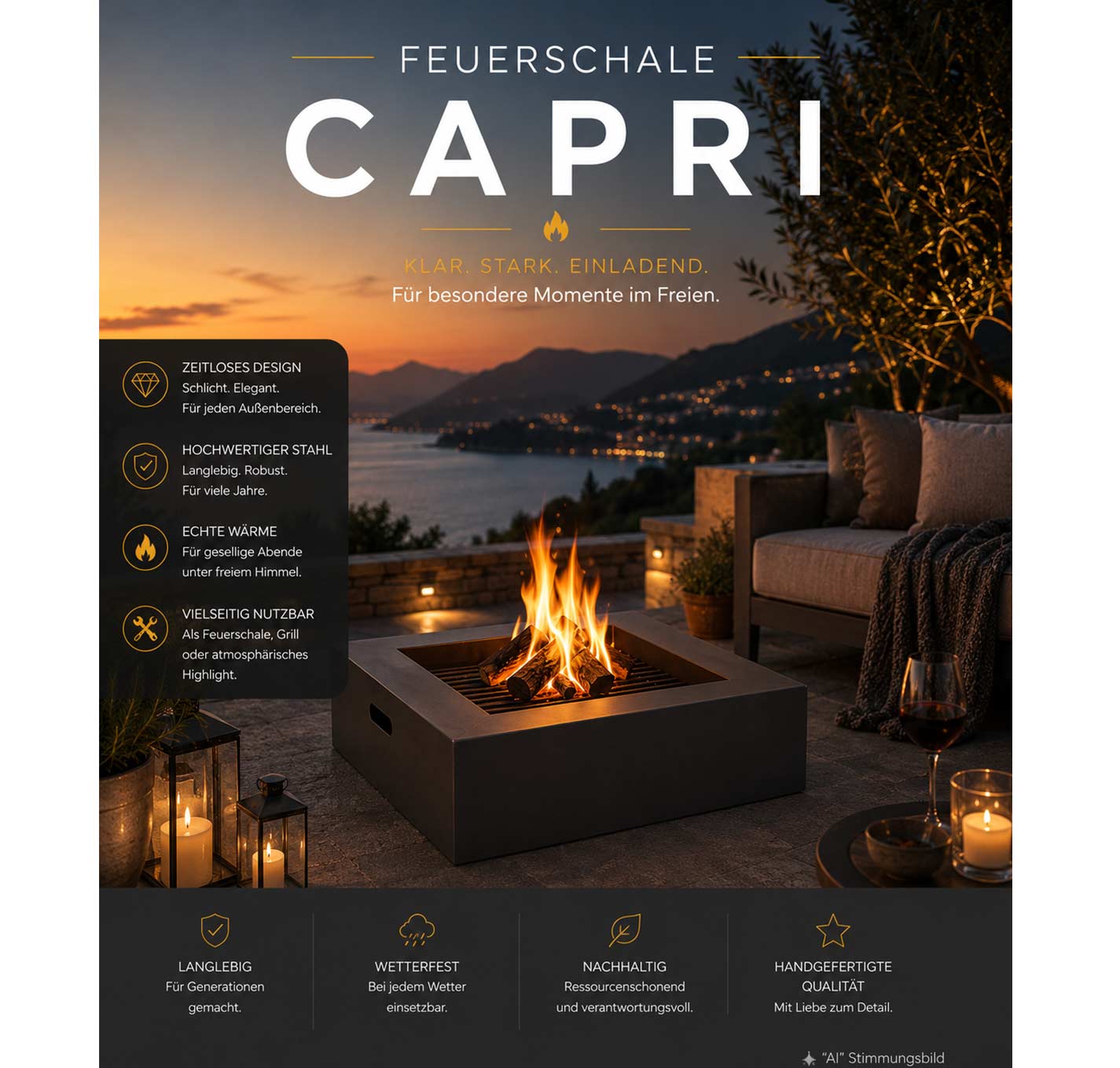 Feuerschalen  "C A P R I" quadratische Feuerstelle-80x80x23cm