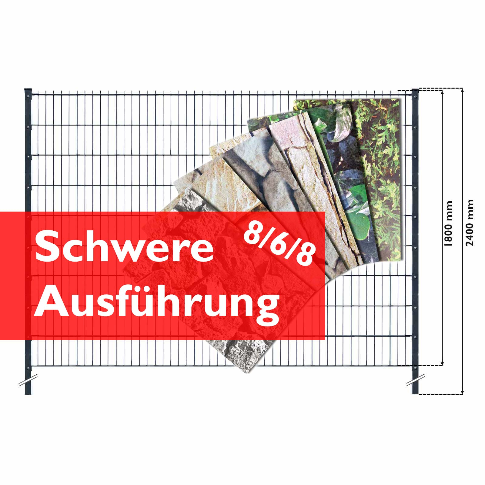 Doppelstabzaun Anthrazit Set mit Hart-PVC Bruchstein Hell - 20m (8 Gittermatten | 9 Pfosten | 72 Streifen)