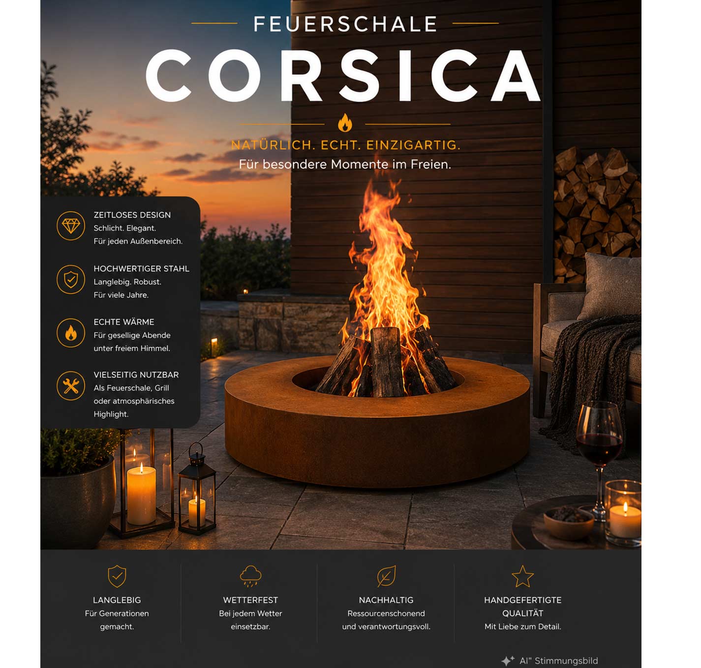 Edler Feuertisch "CORSIA" aus Corten Stahl rund-Ø 125 x 28 cm