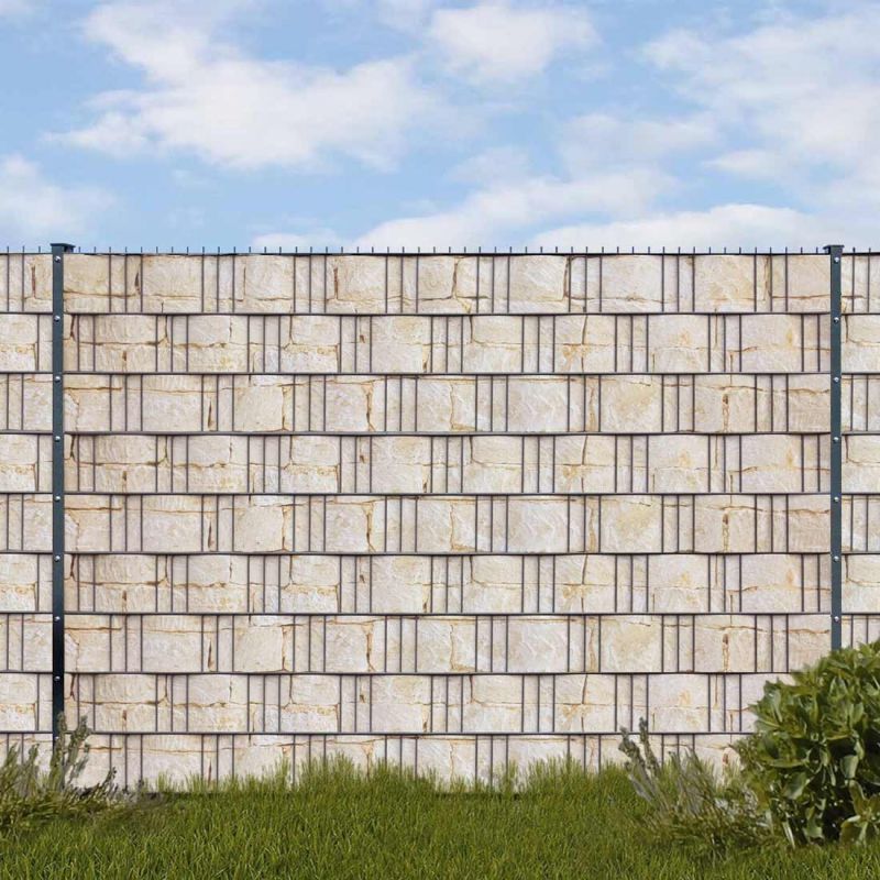 Doppelstabzaun Anthrazit Set mit Hart-PVC Sandsteinmauer - 2,50m (1 Gittermatte | 2 Pfosten | 9 Streifen)